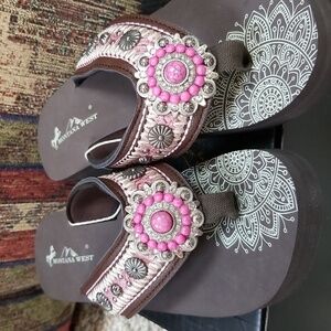 New Size 10 Montana West Western Wedge Sandals Flip Flops Pink Coffee
